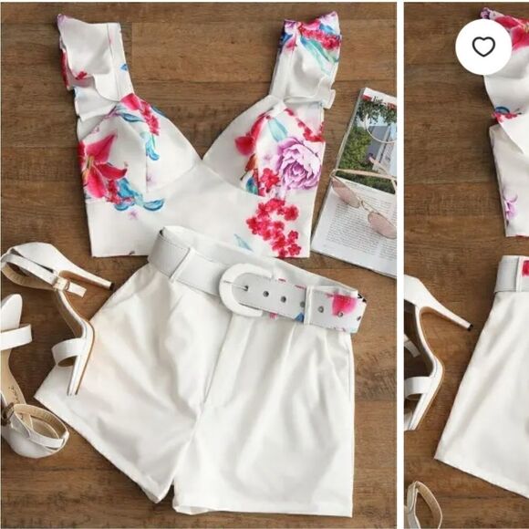Bralette Ruffle Top and Belted Floral Shorts Set - Picture 1 of 11